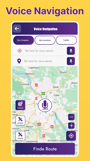 Voice navigation screen with microphone button for voice search and route finder on GPS Navigation road maps app