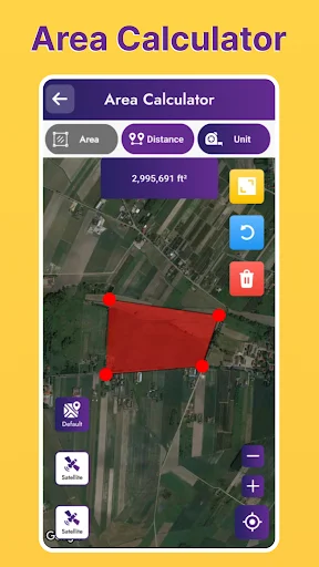 Area calculator tool with distance measurement on satellite view showing calculated land area in GPS maps app