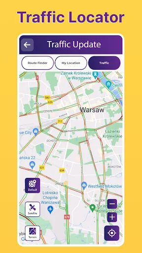 Traffic locator displaying real-time traffic conditions and road updates on Warsaw map in GPS navigation app