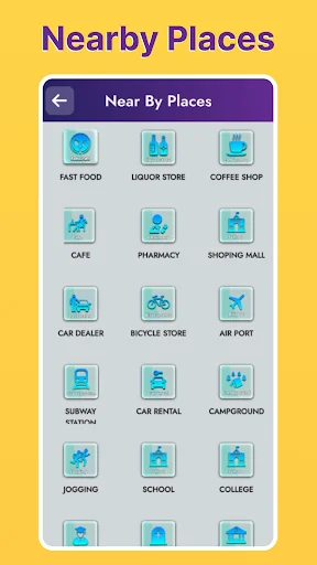 Nearby places finder showing categories like fast food, liquor store, coffee shop, and shopping locations