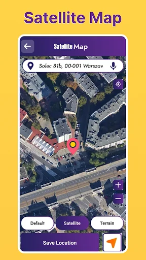 Satellite map view with aerial imagery showing buildings and streets with location marker and map style options