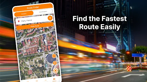 GPS Route Finder app showing satellite map view with fastest route planning on city street background