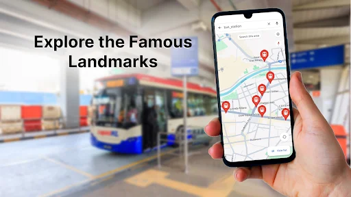 Navigation app displaying multiple location pins on map for exploring landmarks at transit station