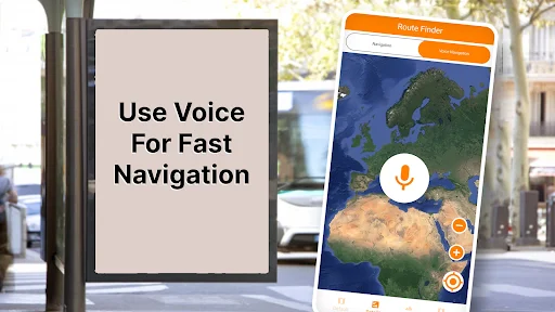 Voice navigation feature with global satellite map view and microphone icon for GPS route guidance