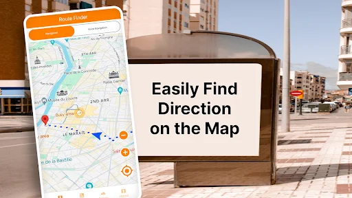 GPS navigation app showing turn-by-turn directions on street map with blue route line and location pin