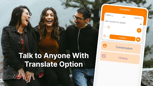 Translator feature in navigation app showing Spanish to English translation interface with conversation mode
