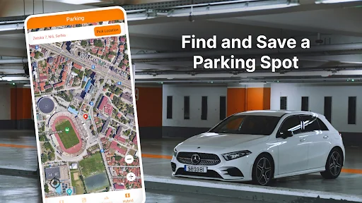 Satellite map view displaying parking spot finder feature with aerial view of area and sports field