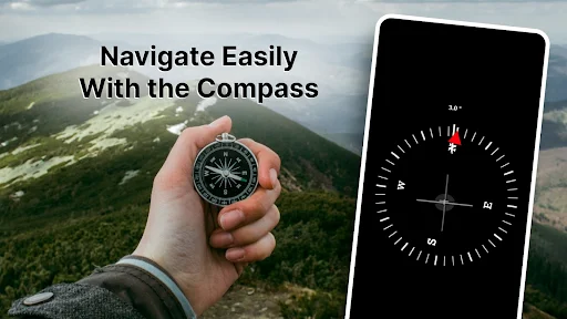 Digital compass navigation tool showing cardinal directions for outdoor hiking and route finding