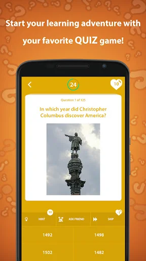 History quiz question about Christopher Columbus discovery year with statue image and four answer choices displayed
