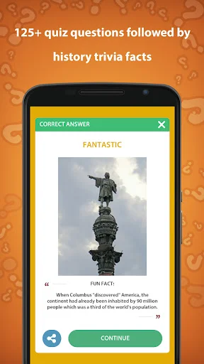 Correct answer feedback screen showing fun fact about Columbus with green FANTASTIC badge and CONTINUE button