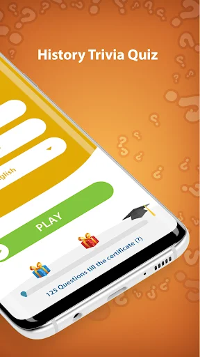 History Trivia Quiz app title screen with green PLAY button and quiz category options ready to start learning world history trivia