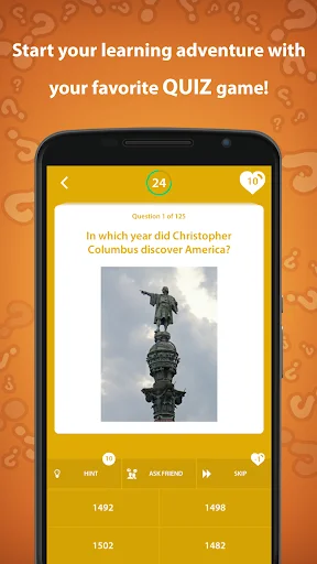 History trivia quiz question screen showing image of Columbus statue with multiple choice year answers about America's discovery