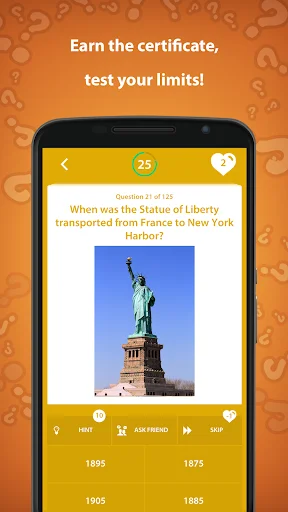 History trivia quiz question with image of Statue of Liberty asking year of transportation with four date answer options