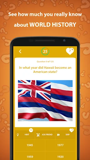 History quiz question with Hawaiian flag image asking what year Hawaii became American state with multiple year choices