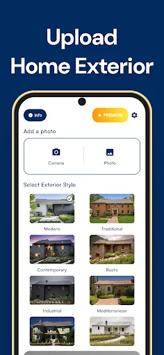 Upload Home Exterior screen showing photo input (camera or gallery) and exterior style selection options including Modern, Traditional, Contemporary, Rustic, Industrial, and Mediterranean designs