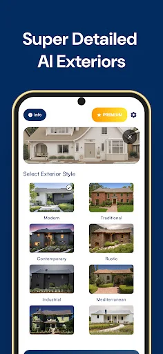 Super Detailed AI Exteriors preview showing AI-generated home design with exterior style selector displaying Modern, Traditional, Contemporary, Rustic, Industrial, and Mediterranean architectural options