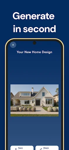 Generate in Second results screen displaying AI-generated home exterior design with Save and Share buttons for quick home remodel visualization
