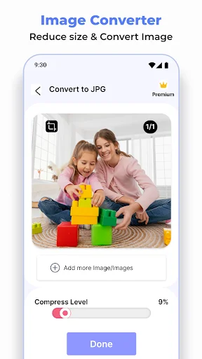 Image Converter app screenshot showing JPG conversion with family photo, compression level slider at 9%