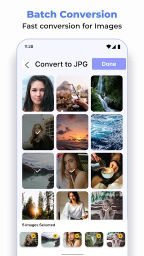 Batch Conversion screen displaying 5 selected images in grid layout for fast JPG conversion