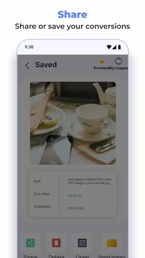 Share and save screen showing converted image with file details, path, size, and action buttons