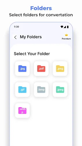 Folders screen displaying file format options: jpg, pdf, png, gif, bmp, jpeg, webp for organization