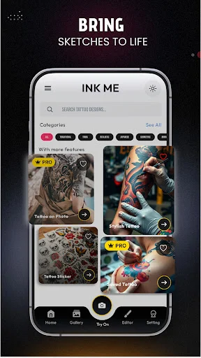 Tattoo Editor showing skull and rose design placement on body with move, rotate and crop editing tools available