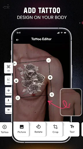 Background removal tool with 3D, Fit, Opacity and Download controls for tattoo preview image editing