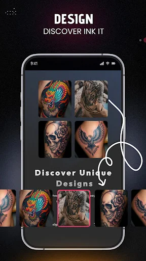 Inkme app main screen showing Ink categories, Browse, Latest, Saved options with tattoo designs like Tattoo on Poetic and Sacred Animal