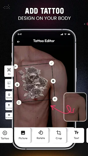 Tattoo Editor displaying male torso with rose and skull design placement using editing tools and positioning controls