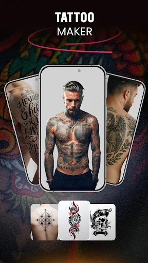 Inkme Tattoo Maker app intro featuring phone mockups with tattooed male models and sample tattoo design options