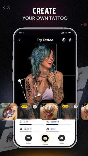 Create Your Own Tattoo feature with person preview, grid selection tool, and customizable tattoo design styles