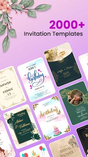 Invitation Maker app showcase with 2000+ card templates for weddings, birthdays, and baby showers on pink background