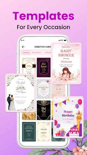 Mobile app interface showing greeting card templates collection for every occasion including baby shower and birthday cards
