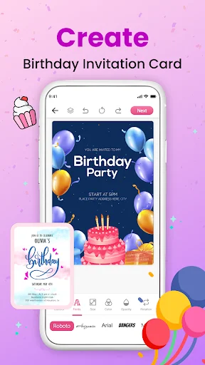 Birthday invitation card design editor with customizable balloons, cake, and editing toolbar for creating party invitations