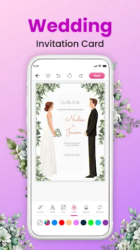 Wedding invitation card editor displaying bride and groom illustration with floral design and customization tools