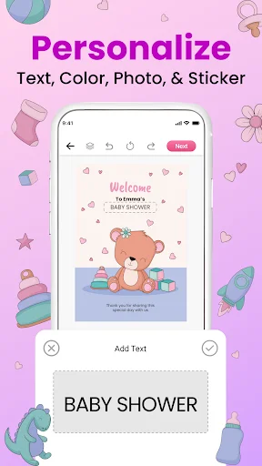 Baby shower invitation customization screen with text editing, color options, sticker selection, and Add Text button
