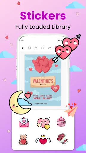 Valentine's Party invitation with fully loaded sticker library including hearts, roses, cupcakes, and decorative elements
