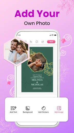 Wedding invitation editor with photo upload feature showing couple photo and options to add text, background, and stickers