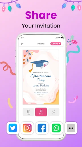 Graduation party invitation sharing interface with social media options including Twitter, Instagram, Facebook, and WhatsApp