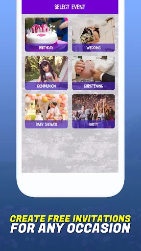 Invitation Maker app event selection screen showing birthday, wedding, communion, Christmas, baby shower and party options