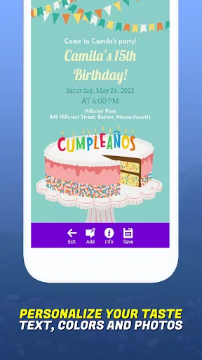 Birthday invitation editor showing customized card for Camila's 15th birthday with cake image and editable text fields