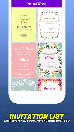 My Invitations gallery displaying saved invitation cards for Emily, Daniella, and Alicia with various floral designs