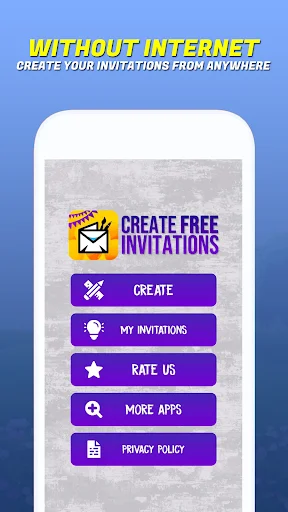 Invitation Maker app home screen with create, my invitations, rate us, more apps, and privacy policy menu options