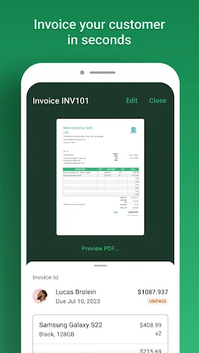 Mobile invoice screen showing completed invoice with customer details, items, and total amount display