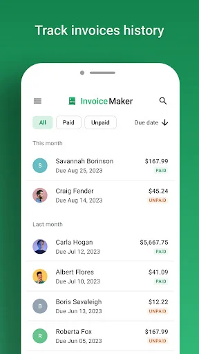 Invoice history tracking screen displaying paid and unpaid invoices with client names, amounts, and due dates