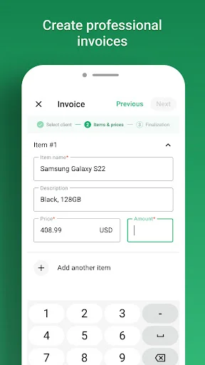 Create professional invoice screen with item details form including product name, description, and price fields