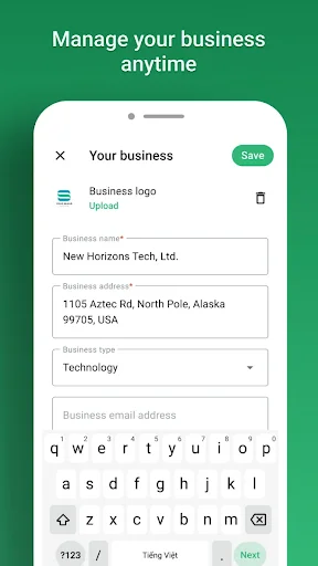 Business information management screen for Invoice Maker app with company details and email address input