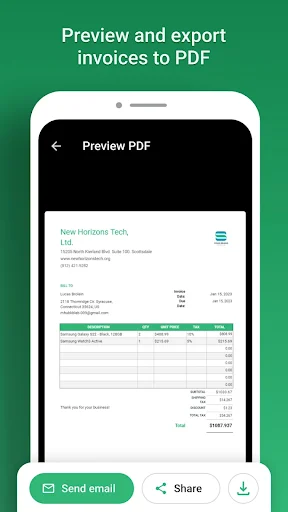 PDF export screen for invoices with professional template preview and sharing options for small business
