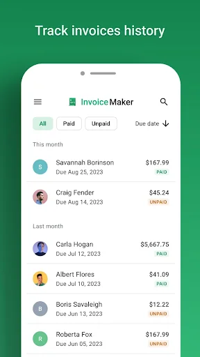 Invoice tracking dashboard with filterable list of paid, unpaid, and overdue customer invoices by date
