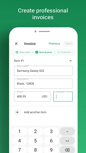 Professional invoice creation form with itemized product entry and numeric keypad for pricing input